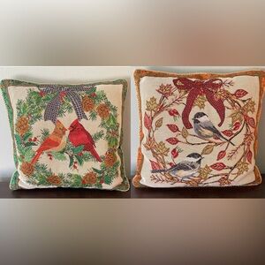 2 Sided Holiday Tapestry Pillow Cardinals Winter and Chickadees Fall